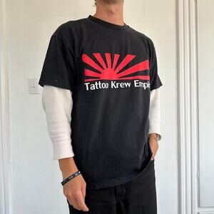 intage 00s Black Faded Cotton Tattoo Krew Empire Pray For Japan Tattoo Shirt